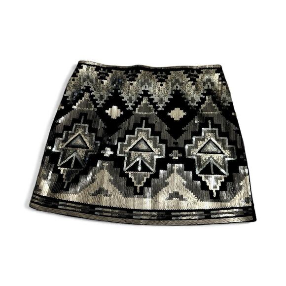Women's Express Aztec Print Black Silver Sequin Mini Skirt Bodycon Party XS/TP - Picture 3 of 8